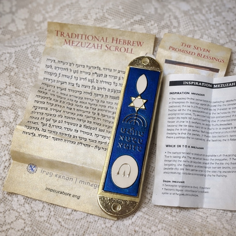 Blue Enamel Mezuzah Case Star of David with Scroll Inspiration Ministries